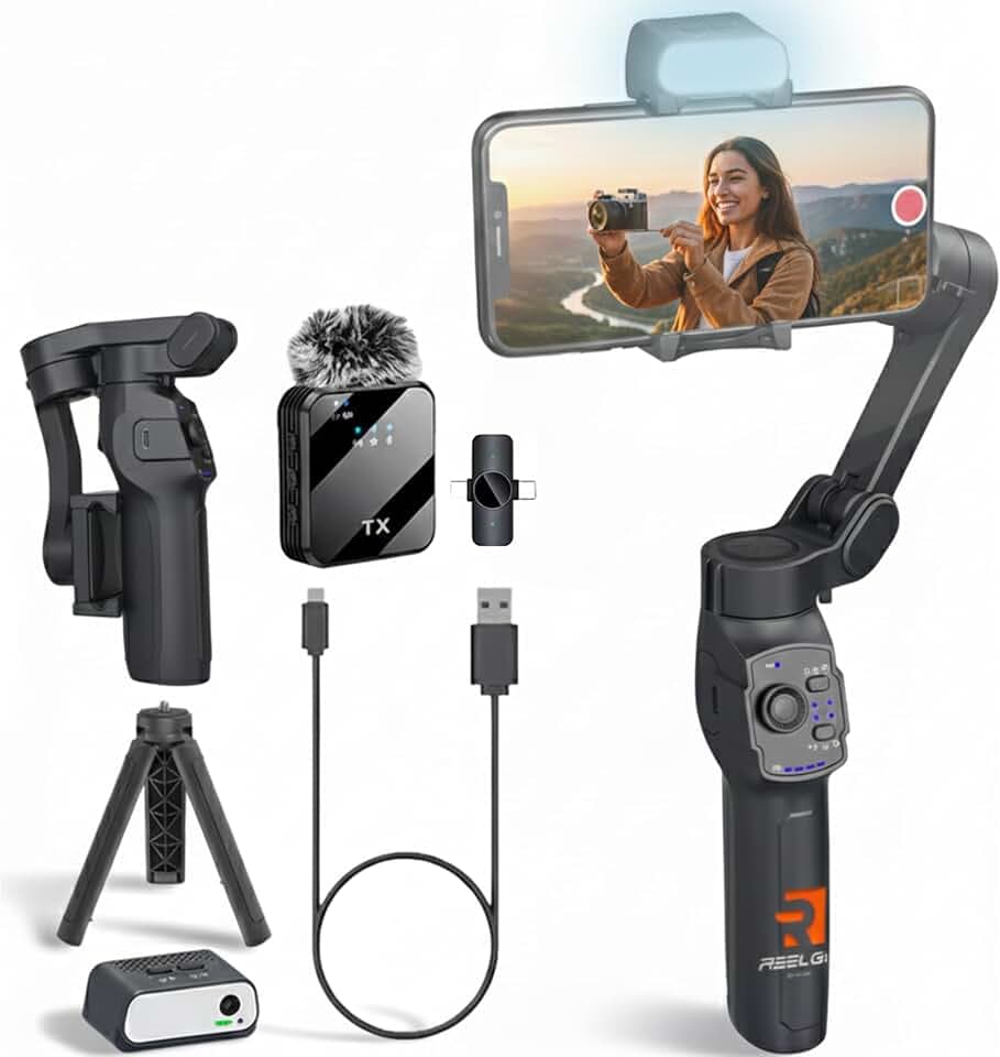 Studio Pro – Stabilisateur Smartphone 3 Axes avec Suivi IA, Éclairage LED, Micro-Cravate, Trépied Intégré & Batterie 13H | Gimbal compatible avec Iphone telephone Android | Kit Créateurs & Pros