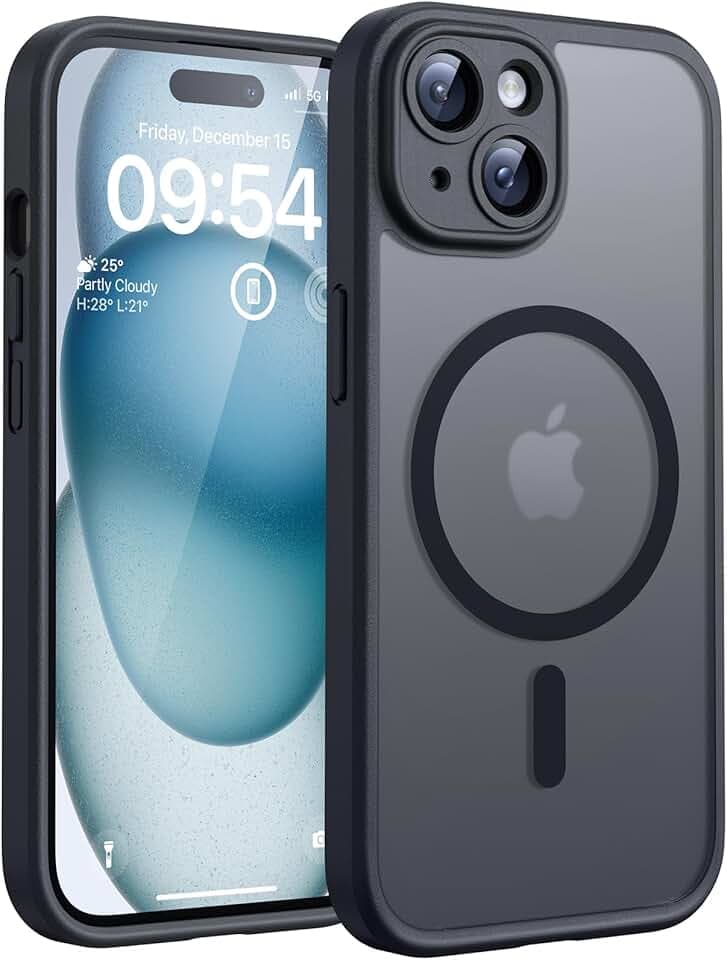 TOCOL Coque Magnétique pour iPhone 15 6,1 Pouces, Compatible avec MagSafe, Protection de l'objectif améliorée, Coque Mat Translucide Fine Antichoc, Noir Global Recycled Standard