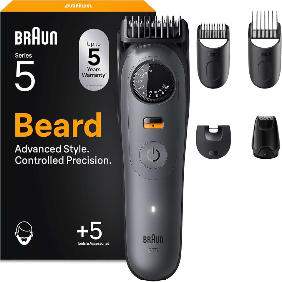 Braun Tondeuse A Barbe Electrique Pour Hommes Series 5 BT5525, Gris, Etanche, Coffret De Rasage Avec +5 Outils De Barbier, Lame Ultra-Affutée, 40 Longueurs Pour Raser Le Visage, Kit Avec 3 Sabots
