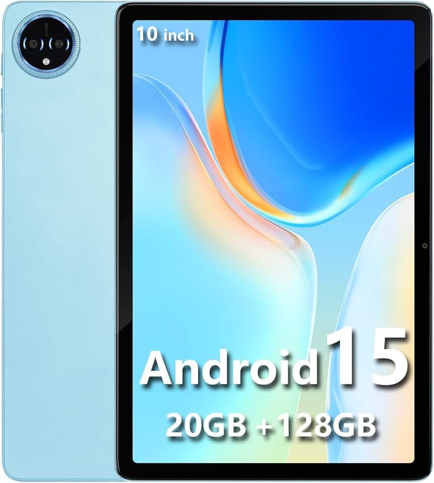 Tablette 10 Pouces, Android 15, 20Go RAM + 128Go ROM(1 to Extensible) 8580 mAh Batterie, Octo-Cœur 5G WiFi Tablette Tactile, 5+13MP Caméra, Bluetooth, (Bleu)