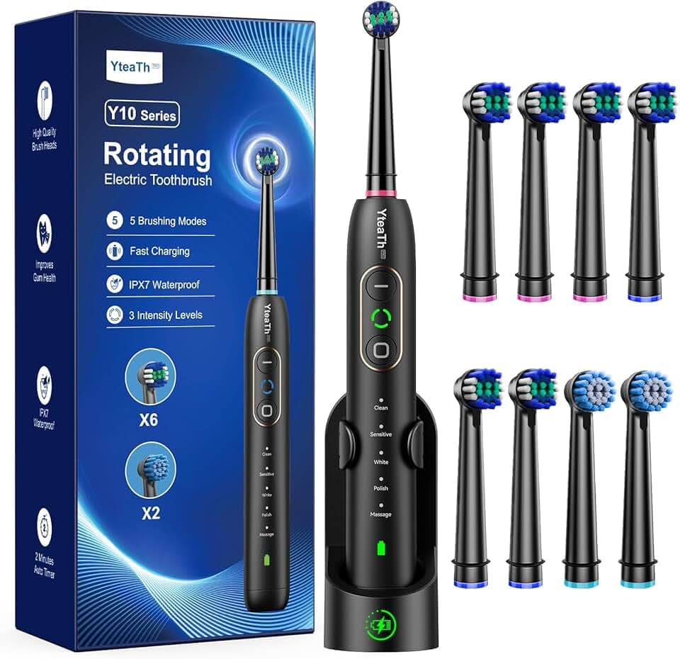Brosse À Dent Électrique Rotatives pour Adultes et Enfants, 8 Têtes, 3 Intensités, 5 Modes, Brosses À Dents Rotatives avec Minuteur Intelligent de 2 Minutes, Noir Mat