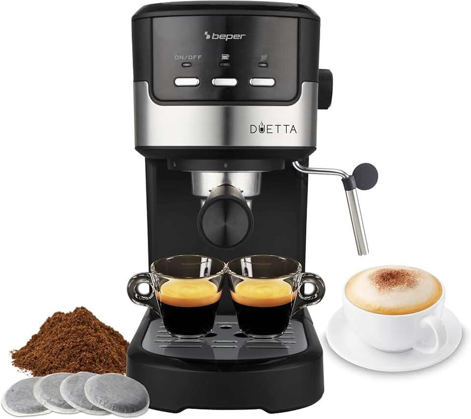 BEPER P101CAF100 Machine à café expresso Duetta, 1100W, Convient aux dosettes et au café en poudre, Machine avec bras à double sortie, 15 bars, Chauffe-tasses, tasse à mesurer et presseur inclus, Noir