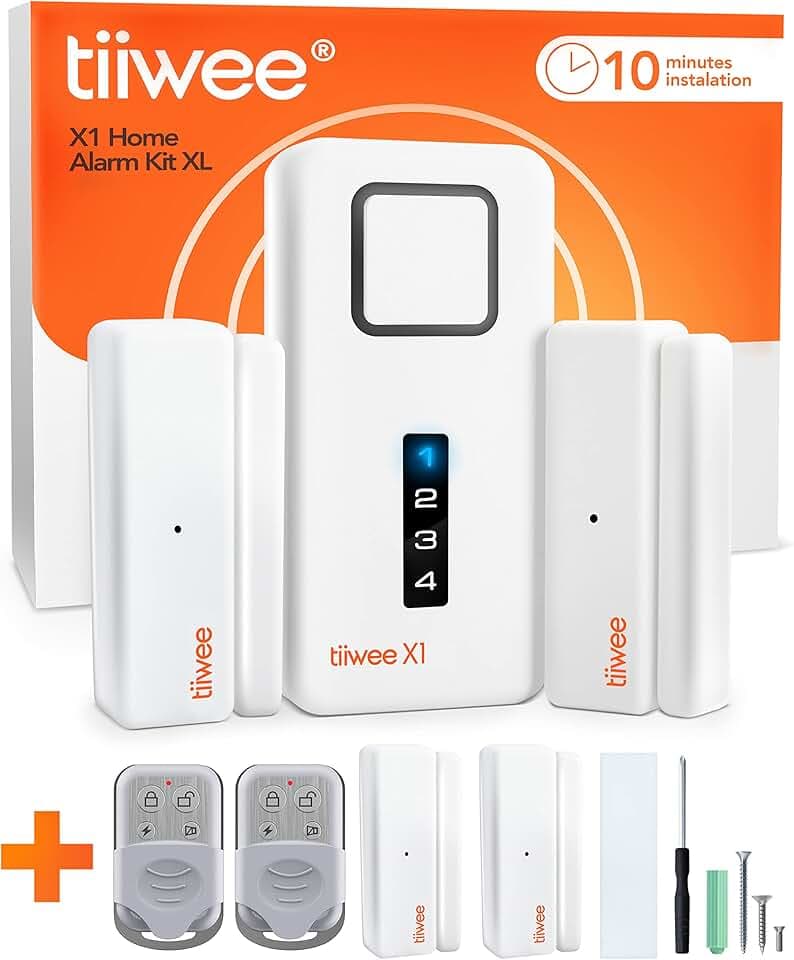 tiiwee Alarme Maison avec Sirène Puissante et Dissuasive - 4 Détecteurs de Porte et Fenêtre et 2 Télécommandes - Kit sans Fil Facile à Installer pour Appartement, Maison, Garage, Camping-Car