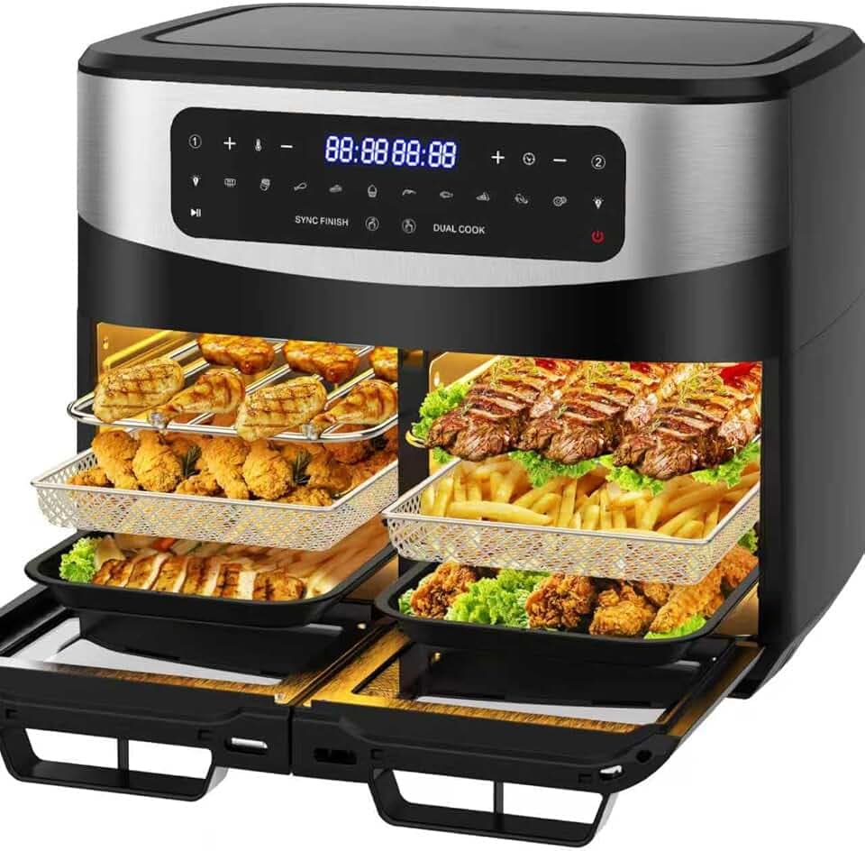 Air Fryer Dual Zone 12L - XXL Airfryer avec séparateur amovible, Friteuse sans huile double cuve 2600W avec double fenêtre, 10 fonctions, recettes