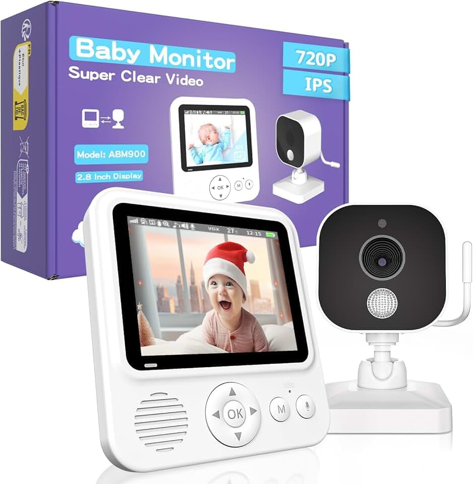 OBVHNUA Babyphone Camera 2,8 inches Moniteur Bébé 720P HD 2000mAh Babyphone Vidéo Surveillance Écran IPS USB-C 2,4 GHz Zoom Vision Nocturne VOX Communication Capteur de Température Support 2 Caméras