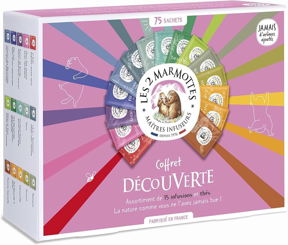 Les 2 Marmottes - Coffret Découverte 75 Sachets - 12 Infusions et 3 Thés - Idéal En Cadeau - Bien-Être Et Relaxation - Made In France - Sans arômes ajoutés - 114g