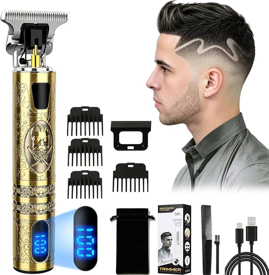 Tondeuse Cheveux Hommes, Tondeuse Barbe Homme Lame T Zéro écart, Tondeuse à Cheveux Contour, IPX7 pour Usage Sec/Humide, Écran LED & USB-Recharge, 4 Peignes (1.5-4mm) Coupe Précise (Huzi)