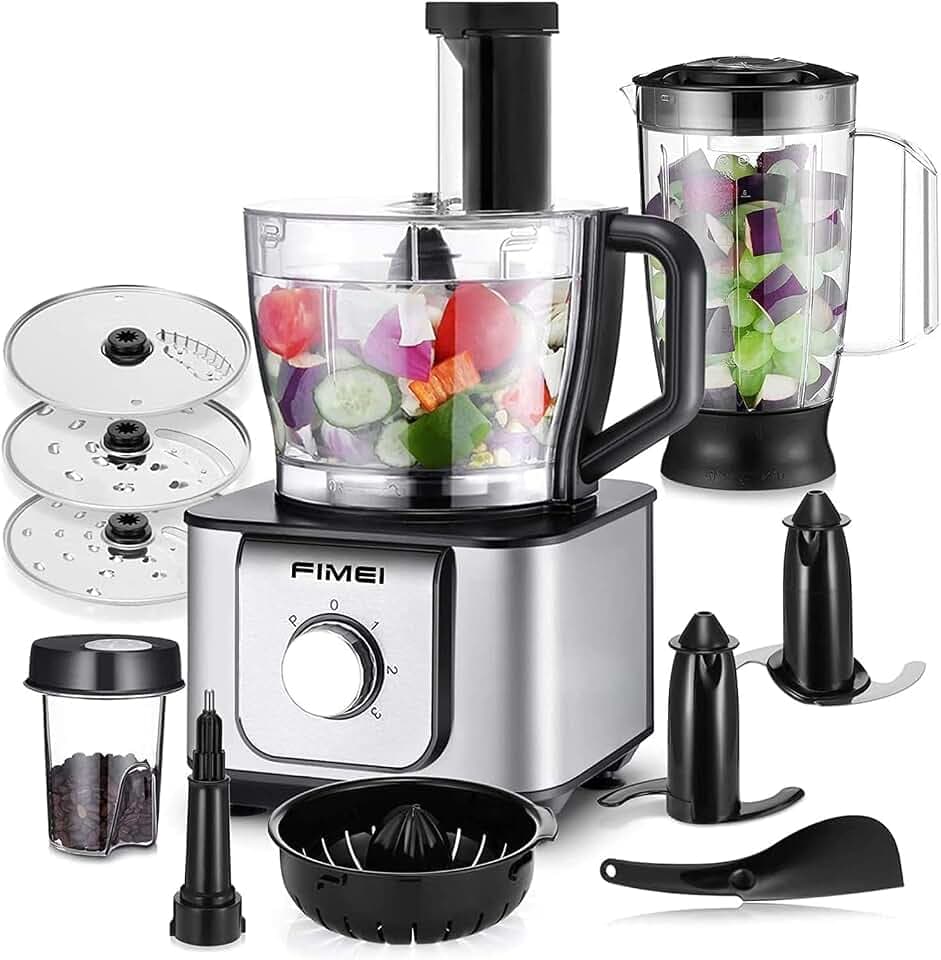 FIMEI Robot Cuisine Multifonctions 1100W, robot de cuisine 11 en 1, 3 vitesses et fonction Pulse, hachoir 3,2 L, blender 1,5 L, moulin, presse-agrumes, pétrin, râpe, disque réversible pour trancher