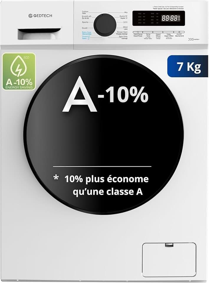 Lave-linge frontal GEDTECH GLL71200WH - 7 Kgs - 1200 tr/mn - 16 programmes - Eco - Intensif - Rapide – Très Faible conso Étiquetage Énergétique