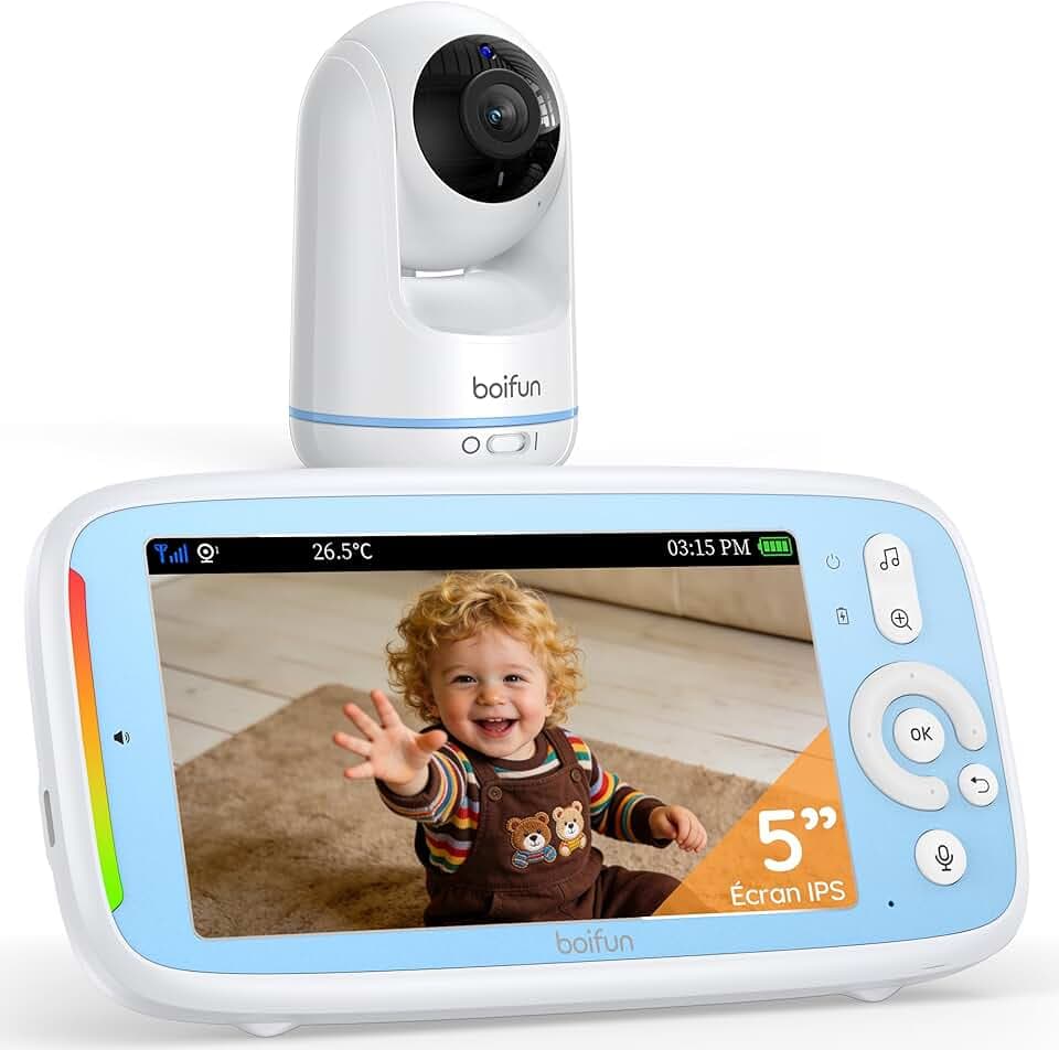 BOIFUN Babyphone Camera sans WiFi ni Ondes 5" 720P IPS (Modèle Amélioré), Vision Nocturne Infrarouge Invisible, Camera Bebe 360°, Batterie Longue Durée 24h, Portée Longue Distance, Audio Clair