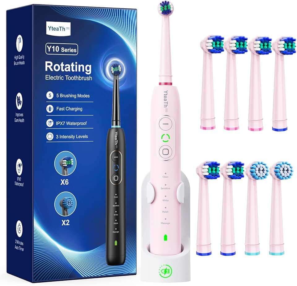 Brosse À Dent Électrique Rotatives pour Adultes et Enfants, 8 Têtes, 3 Intensités, 5 Modes, Brosses À Dents Rotatives avec Minuteur Intelligent de 2 Minutes, Rose