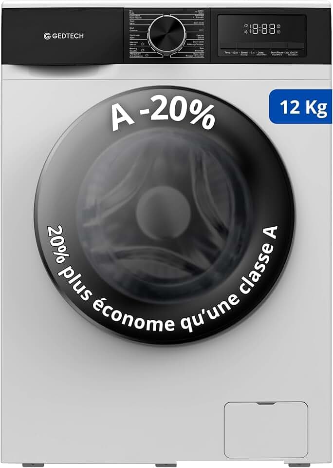Lave-linge frontal GEDTECH GLL121400WH - 12 Kg - 1400 tr/mn - 16 programmes - Eco - Intensif - Rapide – Très Faible conso - Classe A-20% (Blanc, 12 Kg)