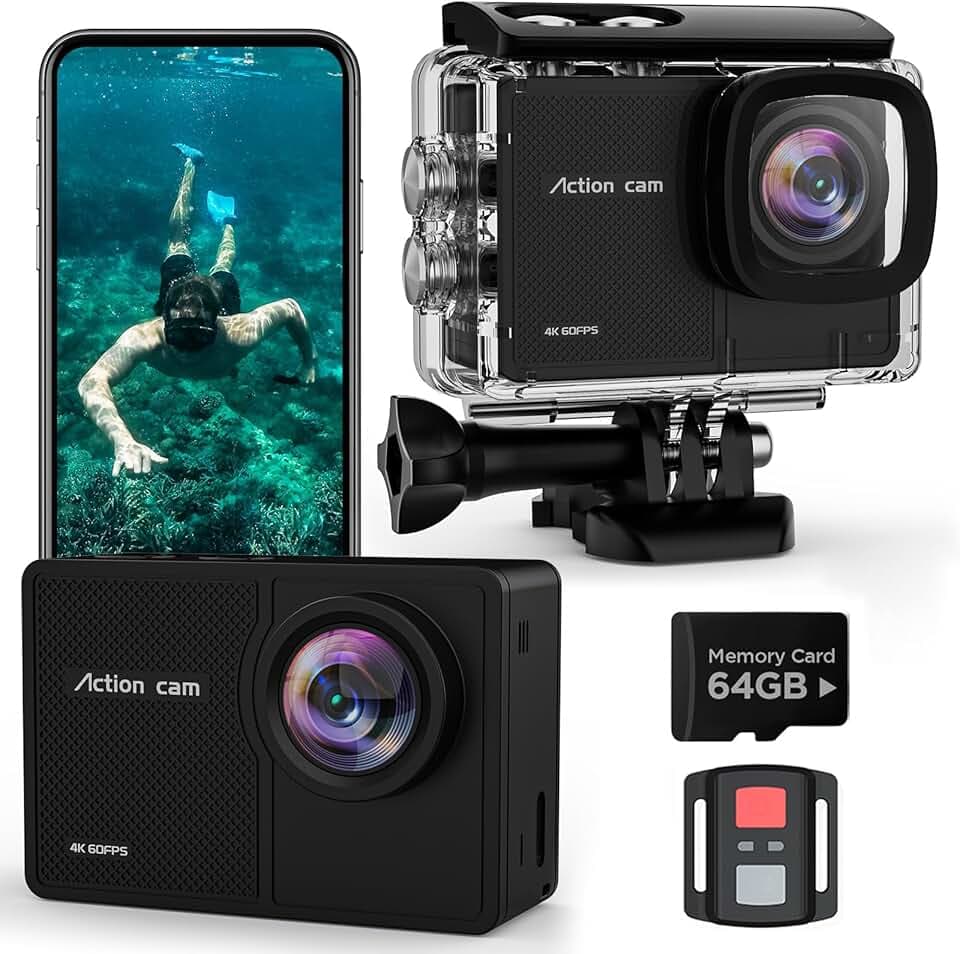 4K60FPS Caméra Sport- Caméra Étanche avec Carte SD 64G 48MP HD WiFi Camera with EIS, Caméras Embarquées with 2 * 1350 mAh Batteries Télécommande 2.4G,Kit d'Accessoire