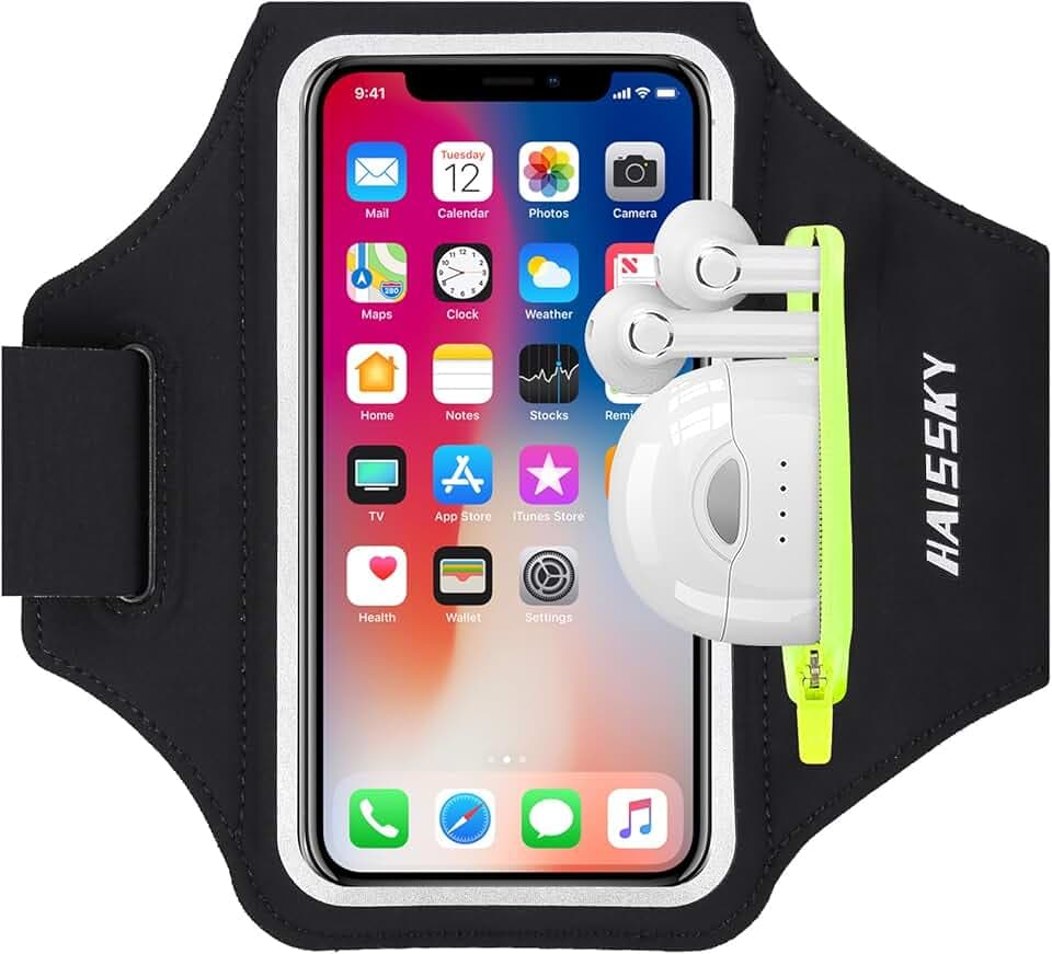 HAISSKY Brassard de Sport avec Poche Écouteur, Brassard Sport pour iPhone 17 Pro Max 16 Pro 15 14 Plus 13 12 11, Brassard Telephone Smartphone Running pour Jogging Cyclisme Randonnée