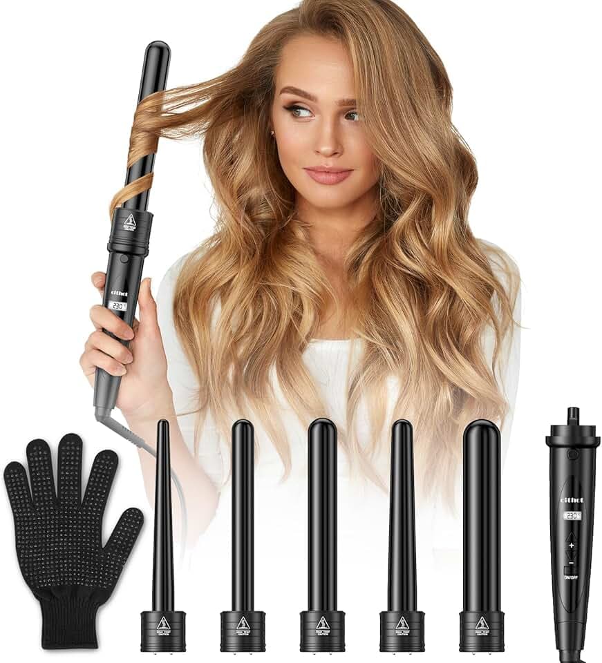 Fer à Boucler Boucleur 5 en 1 Fer à Friser Céramique 80-230℃ Température Réglable Kit Boucleur a Cheveux avec Écran LCD et Gant Noir