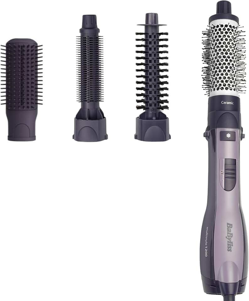 BaByliss Smooth Finish 1200 – Brosse Soufflante 4‑en‑1 pour Sécher, Lisser, Donner du Volume & Coiffer, Technologie Ionique & Céramique, 4 Accessoires, 1200W, Noir, AS121E