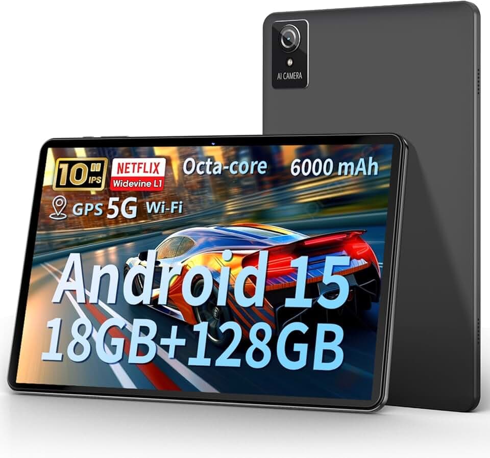 Tablette 10 Pouces, 2026 Tablettes Android 15, 18GB+128GB, 1TB Expand, Widevine L1, Tablette Octa-Core, Compatible avec WiFi 6, 6000 mAh Battery, Dual Camera (5MP+8MP), Gemini AI