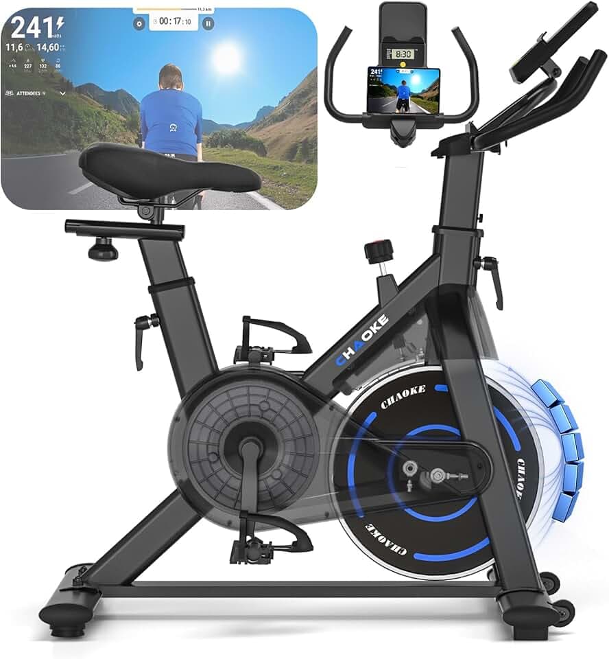 CHAOKE Velo d Appartement Silencieux avec Résistance Magnétique Réglable, Vélo d'appartement avec APP, Vélo d'exercice Moniteur LCD, Siège Confortable, Pour Entraînement Cardio, Capacité 160KG