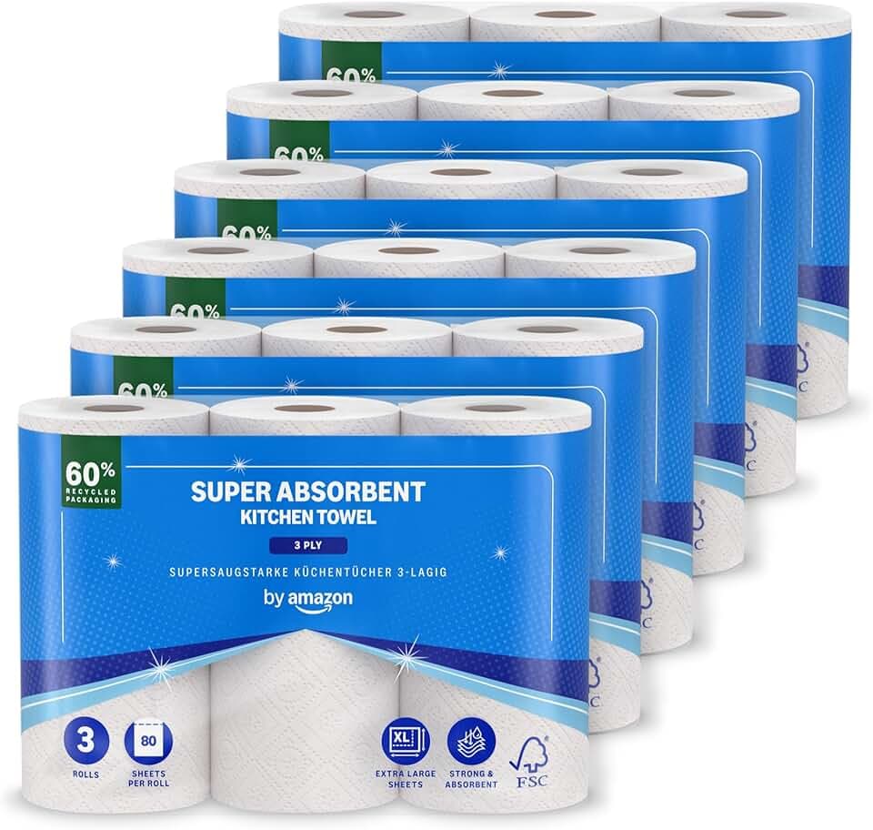 by Amazon Essuie-tout Super Absorbant, Triple Épaisseur, 18 Rouleaux (6 Paquets de 3), 80 Feuilles par Rouleau, Certifié FSC (Anciennement sous la Marque Presto!) The Forest Stewardship Council