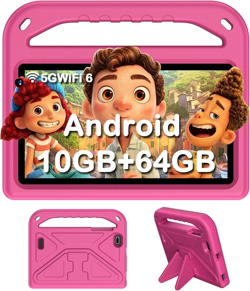 DMOAO Tablette 7 Pouces, Tablette Android avec 5G Wi-FI 6, 10Go RAM+64Go ROM(TF 1To), Tablette Tactile Octa-Core, Widevine L1, 3500mAh, Contrôle Parental Tablette avec EVA Cas, Rose