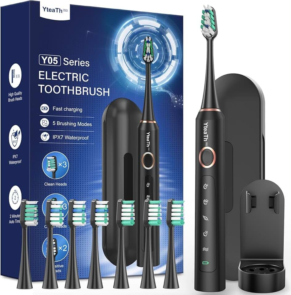Brosse À Dent Électrique Soniques pour Adultes - Brosse A Dent Sonique avec 8 Têtes de Brosse et Étui de Voyage, 5 Modes, Étanche IPX7, Brosses À Dents Ultrasoniques, Noir Profond
