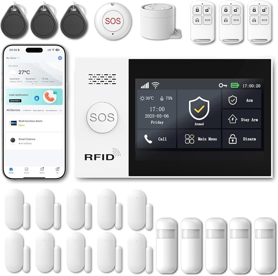XUK Systeme Alarme Maison sans Fil – sans Abonnement ni Frais Mensuels – Kit Alarme Maison Complet avec Écran Tactile, Détecteur de Mouvement, Détecteur d’Ouverture, Sirène – Works with Alexa