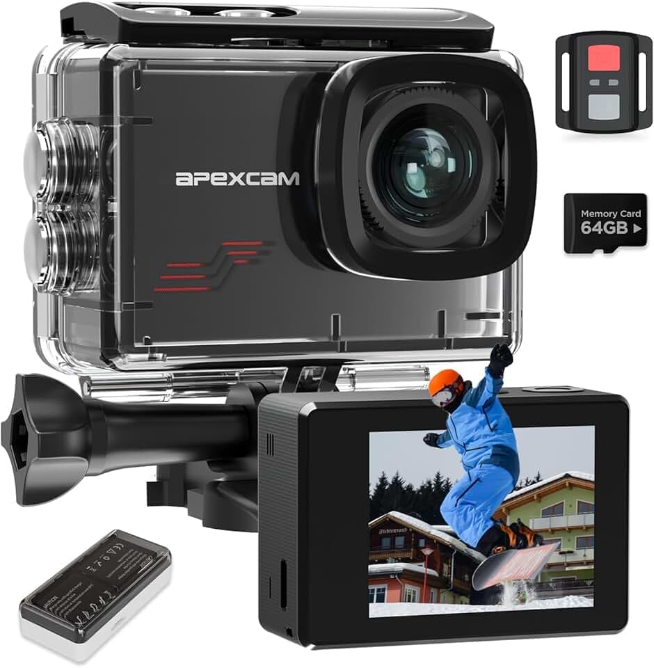 Apexcam M80 Caméra Sport 4K Stabilisateur 60FPS Action cam avec Carte 64GB Photo 48MP Camera Étanche 40M avec EIS 8X Zoom 170° Grand Angle avec Kits d'accessoires pour Aventures