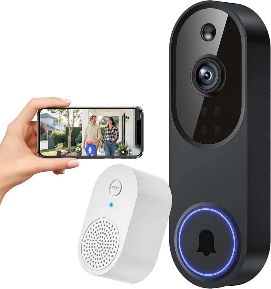 Caméra Sonnette Vidéo WiFi 1080P Sans Fil, Détection Humaine IA, Conversation Bidirectionnelle, Wi-Fi 2,4G, Alimentée par Batterie, Stockage Cloud, Surveillance Intérieure Extérieure (Avec
