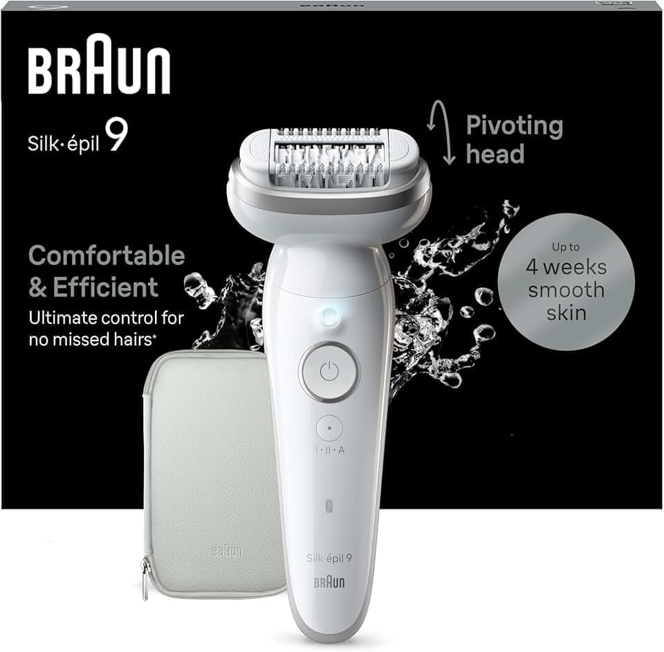 Braun Silk-épil 9, Épilateur Avec Tête Pivotante Pour Épilation Facile, Même Pour Les Zones Sensibles, Appareil De Précision Pour Une Peau Douce Longue Durée, 9-011, Étanche, Blanc/Argent GreenCircle Certified: Certified Energy Savings