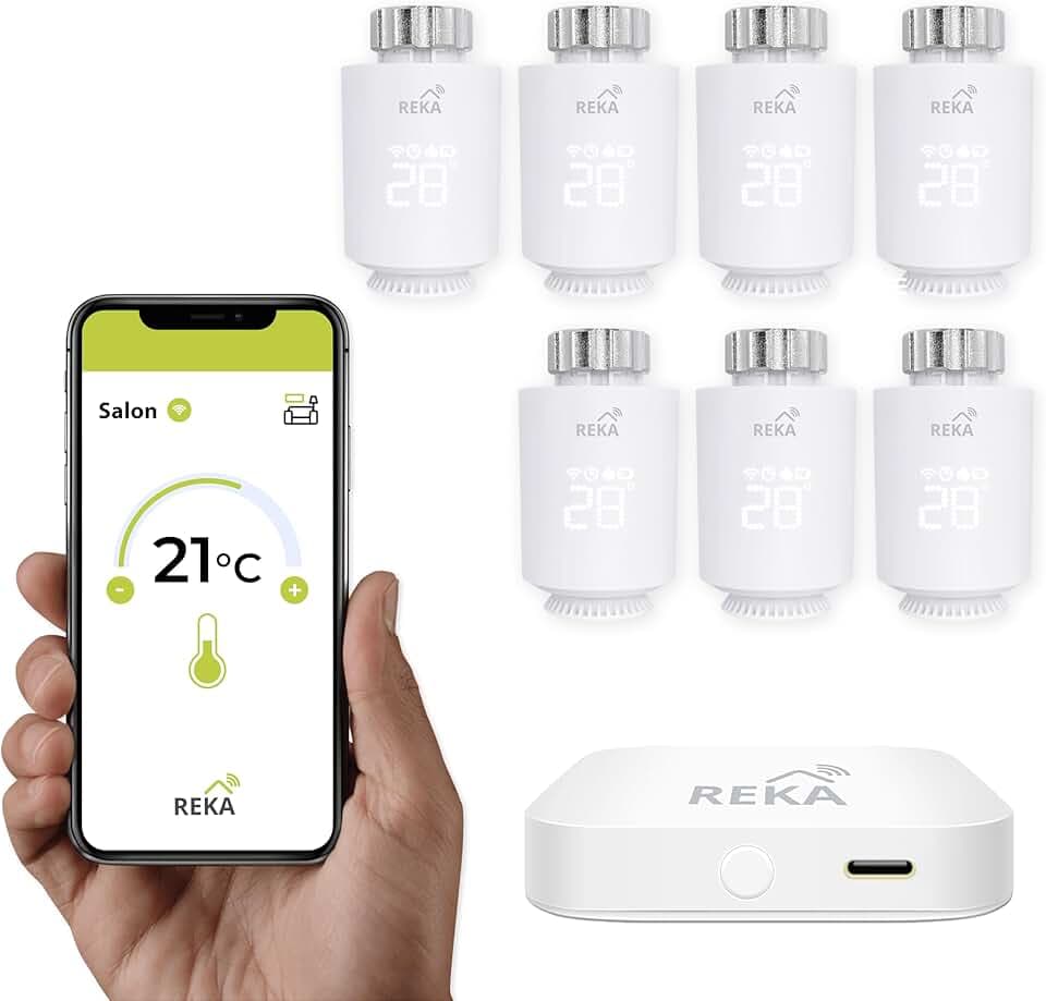 Tête Thermostatique Intelligente Connectée REKA - Contrôle Température Via Appli Tuya, Programmation, Détection Fenêtres Ouvertes - Compatible Assistants Vocaux (7, avec Passerelle)