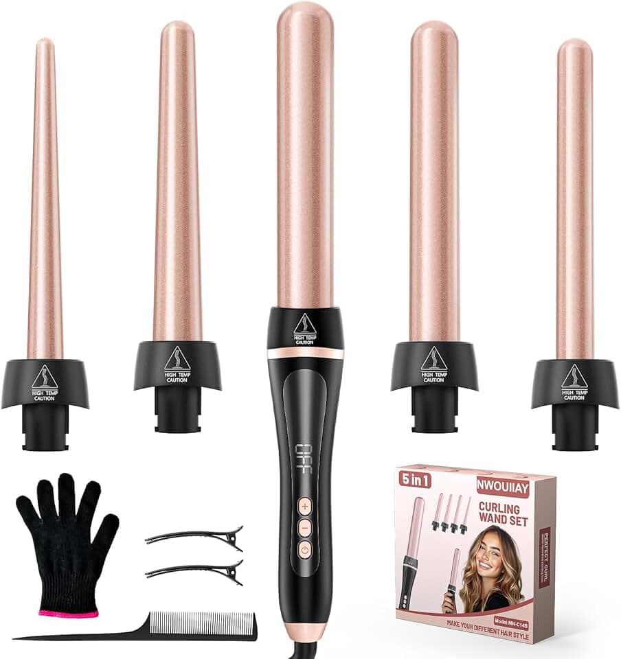 5 en 1 Fer à Friser Professionnel Chauffage Rapide Fer à Boucler Céramique avec Températures Réglable de 80-230 ℃ LCD Écran et Interchangeable 9-32 mm pour Créer de Grosses Vagues