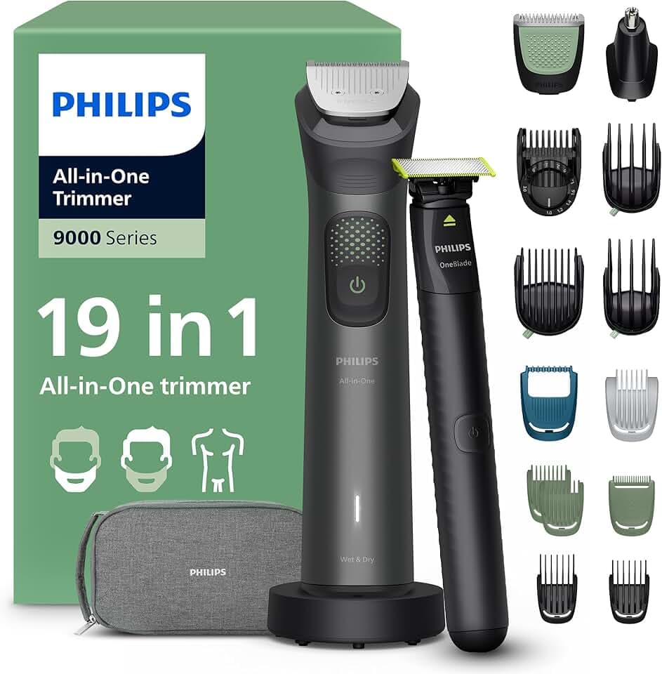 Philips Multigroom série 9000 Tondeuse tout-en-un 19 accessoires + rasoir OneBlade pour hommes – ensemble tondeuse/rasoir pour barbe, cheveux et corps, 27 hauteurs de coupe (0,2-20 mm), MG9556/15