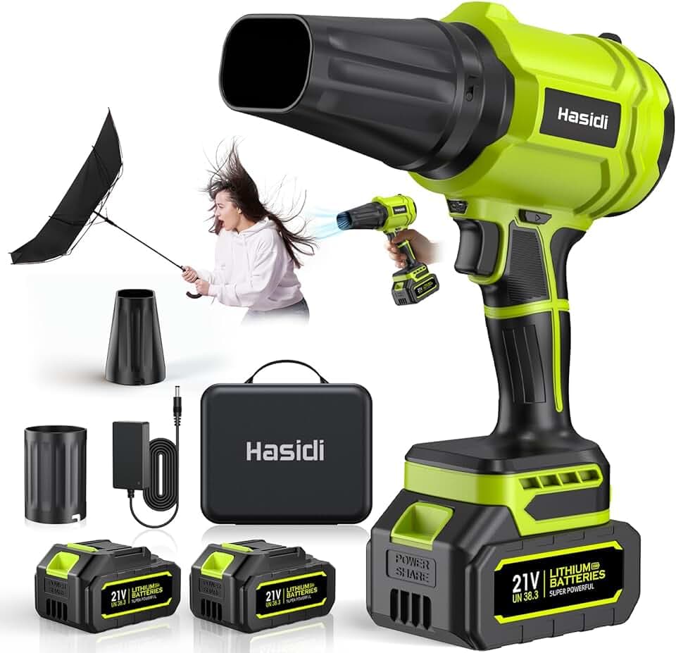 Souffleur de Feuilles sans Fil, 900 000 TR/Min, 2 Batteries, Chargeur et 2 Buses Incluses, pour Jardin, Terrasse, Voiture, Neige et Poussière, Vert Vif