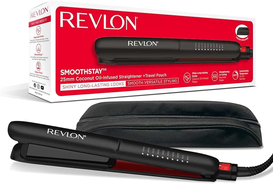 Lisseur Revlon SmoothStay 25mm infusé à l’huile de coco (pochette de voyage, plaques à triple revêtement céramique, Plaques flottantes à bords arrondis, Température personnalisable) - RVST2211P
