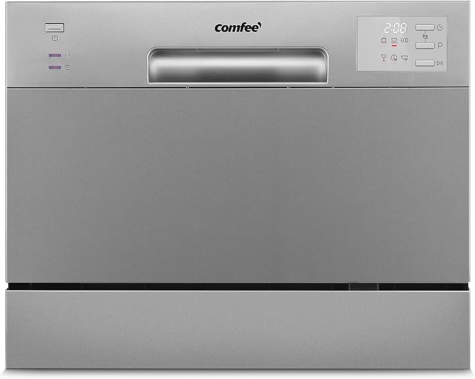 COMFEE Lave-vaisselle Compact CDWMT0602ESD-EU Mini lave-vaisselle avec 6 couverts, 6 programmes, Clase D, écran LED, démarrage différé, cycle intensif H-TEMP à 70 °C, niveau sonore 47 dB - Argent
