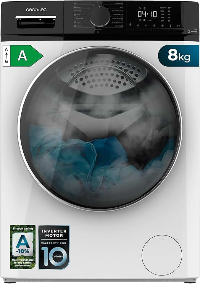 Cecotec Lave Linge Bolero Dresscode 8610 Inverter A; capacité de 8 Kg, 1400 tr/min, Classe A, avec fonction vapeur, moteur Inverter Plus, 15 programmes, optimise le niveau d'eau et le lavage Étiquetage Énergétique