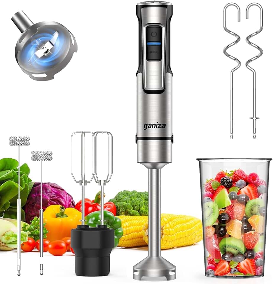 Ganiza Mixeur Plongeant 5-en-1, Mixeur Électrique 1200W avec Vitesse Réglable & Fonction TURBO, Pied Mixeur avec Double Mousseur à Lait, Idéal pour Sauces, Soupes, Smoothies & Milkshakes ClimeCo Certified