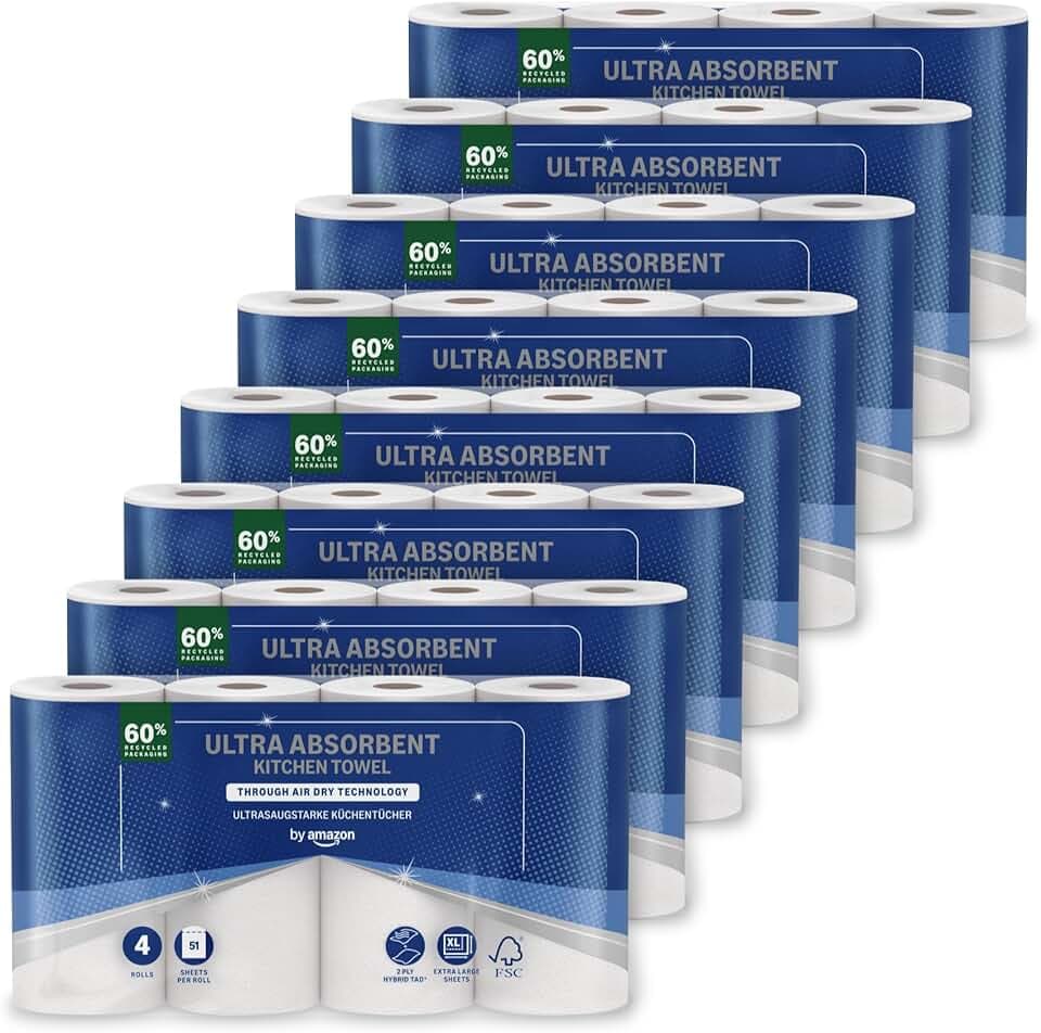 by Amazon Essuie-tout Ultra Absorbant à Séchage par Air Traversant, 32 Rouleaux (8 Paquets de 4), 51 Feuilles par Rouleau, Certifié FSC (Anciennement "Presto!") The Forest Stewardship Council