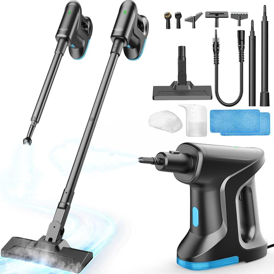 Nettoyeur Vapeur, Balai Vapeur démontable chauffe en 15s, 145℃ nettoyage à la vapeur sans produits chimiques, Steam Cleaner Portable pour Parquets Carrelages Joints Fenêtres Salles de Bains Cuisines