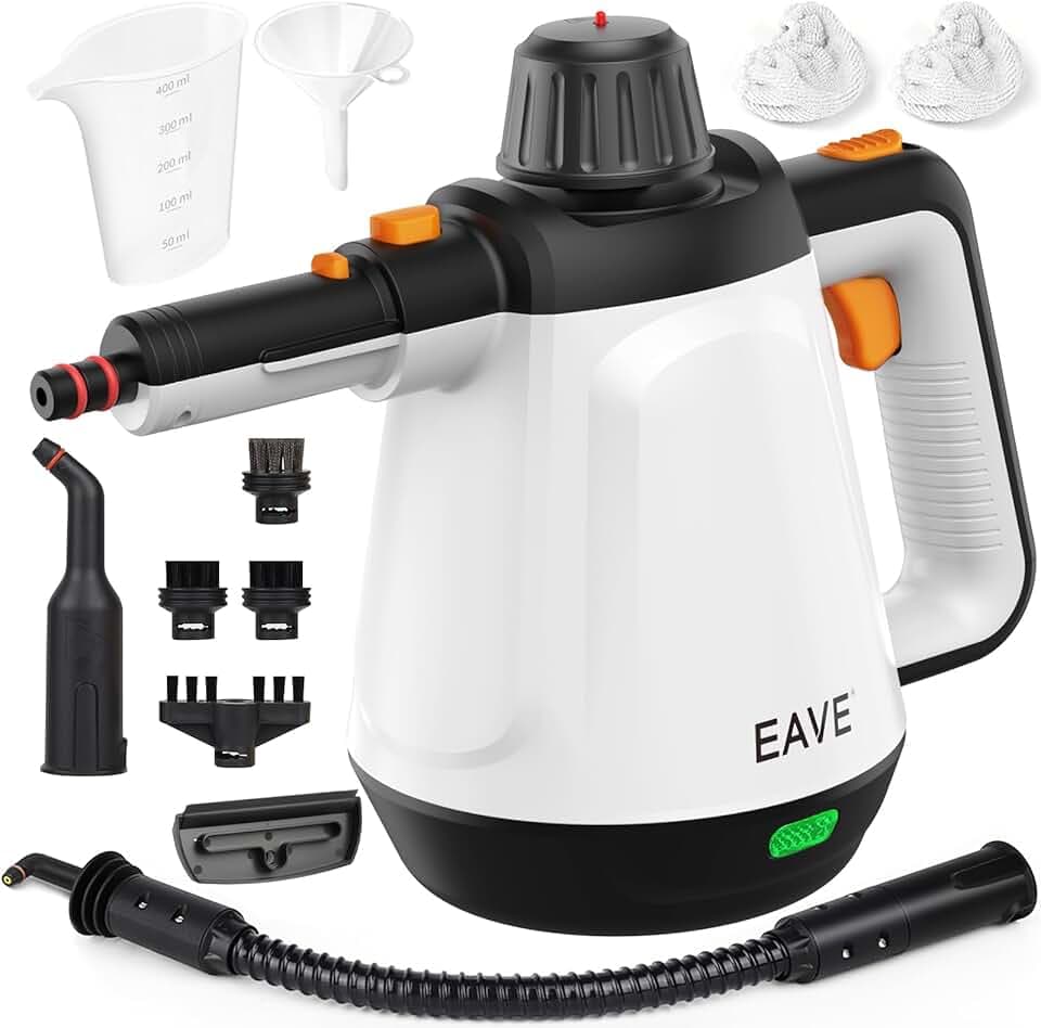 Nettoyeur Vapeur Portable, 110℃ Nettoyeur Vapeur à Main pour un Nettoyage Efficace, Polyvalent Vaporetto avec 10 Accessoires et Câble 5m pour Canapés, Tapis, Joints, Nettoyage sans chimie (Blanc)