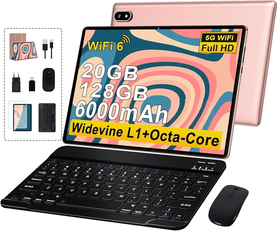 Gemini AI Tablette Android Tablette10 Pouces, 128 Go ROM +2 To TF Extensible, Octa-Core, Widevine L1, GMS Certification, 5GWiFi, 5MP+8MP, Bluetooth 5.0, Tablette avec Clavier + Souris et Cast, Rose