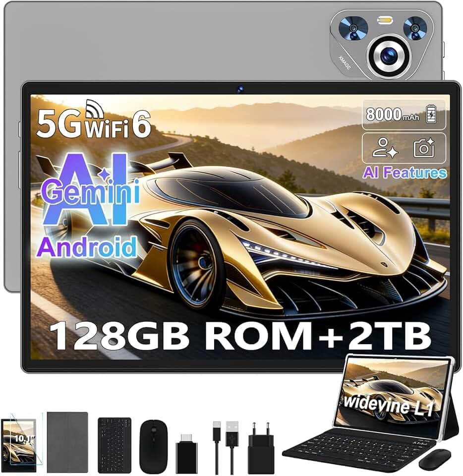 2026 Tablette Android Tablet Tactile, 8000mAh, 22Go RAM + 128Go ROM/WiFi 5G+2.4G, Octa-Core, BT5.0, 8MP+5MP, Widevine L1, GMS Certified/Contrôle Parental, Tablette avec Clavier Souris- Gris