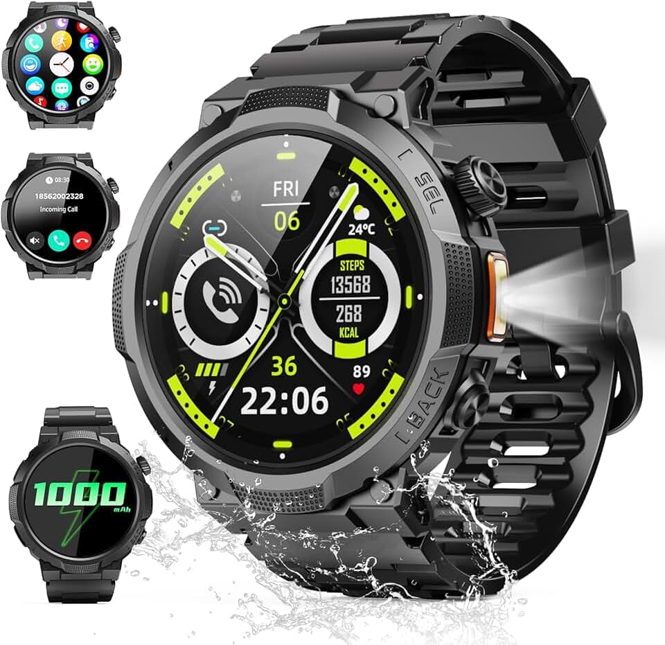 Soudorv Montre Connectée Homme, Militaire Smartwatch avec LED Lampe, 1000mAh/1.53" HD/Appels Bluetooth, Montre avec Fréquence Cardiaque/Sommeil, Etanche IP68 pour Android iOS, Noir