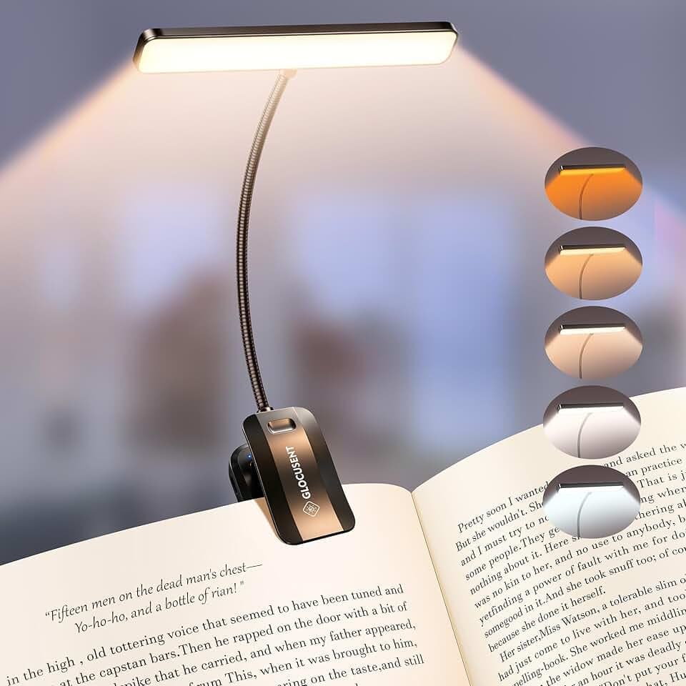 Glocusent Lampe de Lecture 26 LED, Lampe Livre Clip Rechargeable USB-C avec 5 Luminosités & 5 Couleurs, 360° Cou Flexible, Lampe de Lecture pour Lire au Lit, Autonomie 90h, Légère & Portable