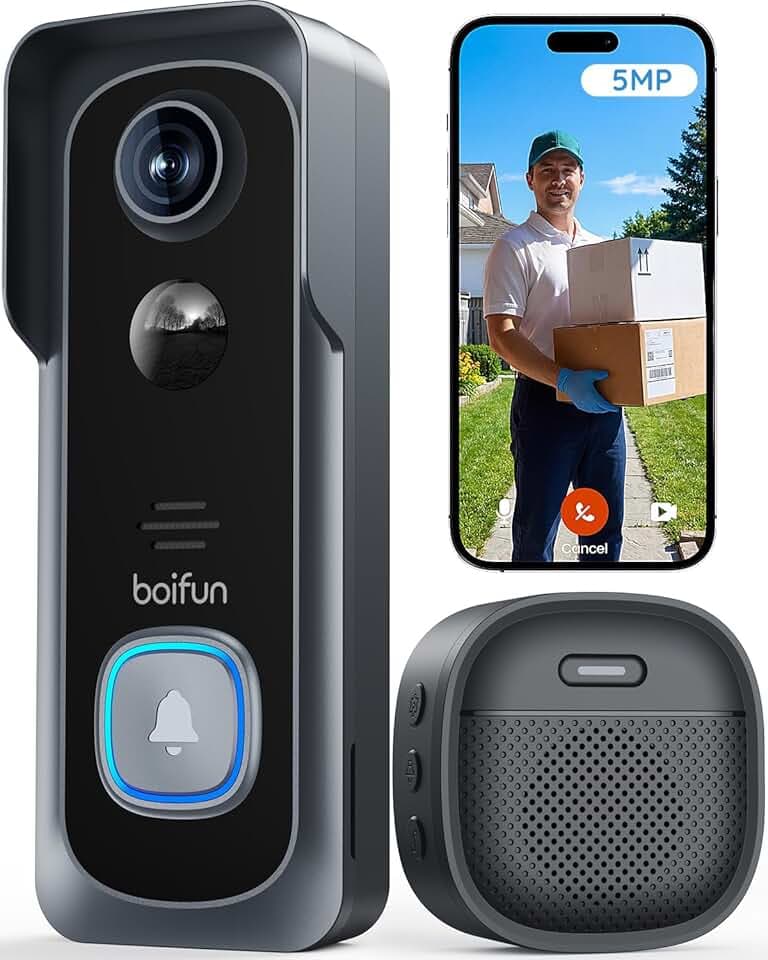 BOIFUN Sonnette sans Fil Exterieur Etanche, 2K, Grand Angle de 166°, Installation Facile, Détection Humaine par IA, Vision Nocturne, Compatible Carte SD, IP65 étanche, 5MP Wi-FI 2,4 GHz Gris