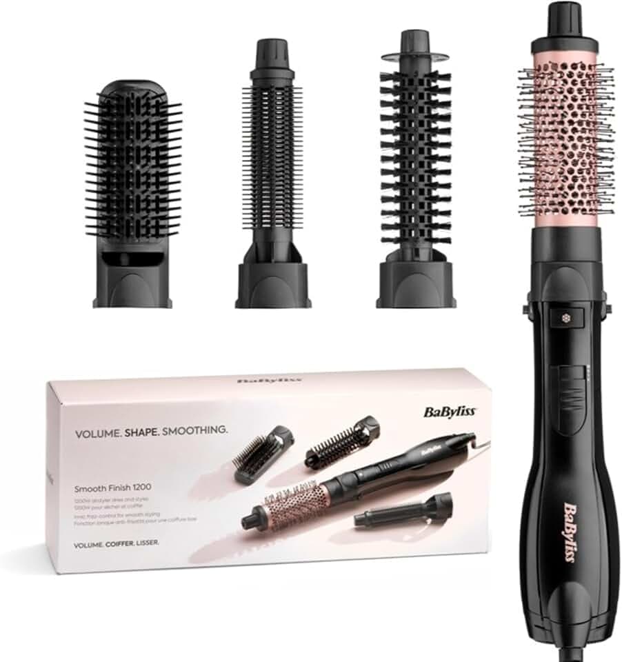 BaByliss Smooth Finish 1200 – Brosse Soufflante 4‑en‑1 pour Sécher, Lisser, Donner du Volume & Coiffer, Technologie Ionique & Céramique, 4 Accessoires, 1200W, Noir/Rose, AS122E