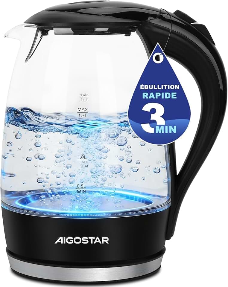 Aigostar Adam 30GOM - Bouilloire électrique en cristal avec illumination LED, capacité de 1,7 litres, puissance de 2200W, sans BPA et système de protection contre l'ébullition à sec. Design exclusif.