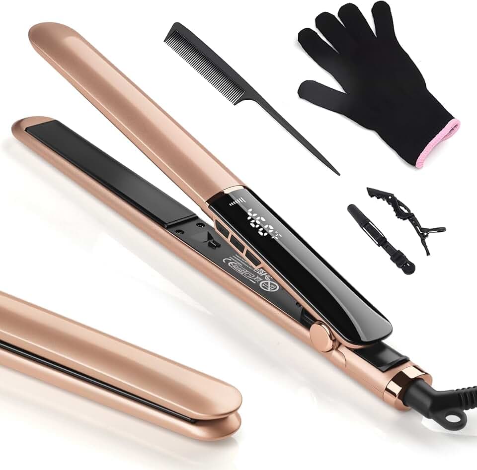 Lisseur Cheveux Professionnel Céramique 2 en 1 Fer à Lisseur Boucleur pour Coiffures Variées, LCD 120-230°C, Voltage Universel, Céramique Lisseur lisse pour Cheveux Épais (Or rose)