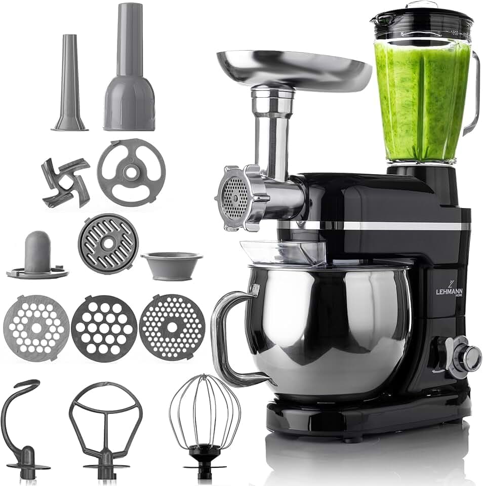 LEHMANN Robot Pâtissier & Robot de Cuisine Multifonction 3-en-1, avec Hachoir à Viande, Blender en Verre 1,5L, Bol Inox 5L, Mouvement Planétaire, 6 Vitesses + Pulse