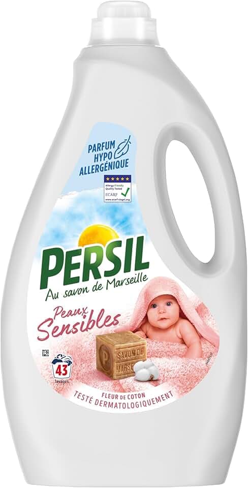 Persil - Lessive Liquide Peaux Sensibles – Parfum hypoallergénique Fleur de Coton pour respecter les peaux fragiles - Savon de Marseille - Testée Dermatologiquement & Certifiée ECARF - 43 Lavages